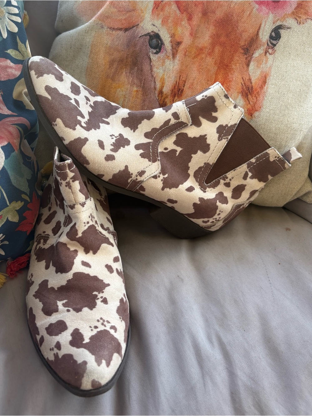 Arizona Jean Company Brown and Cream Cowhide Print Ankle Boots